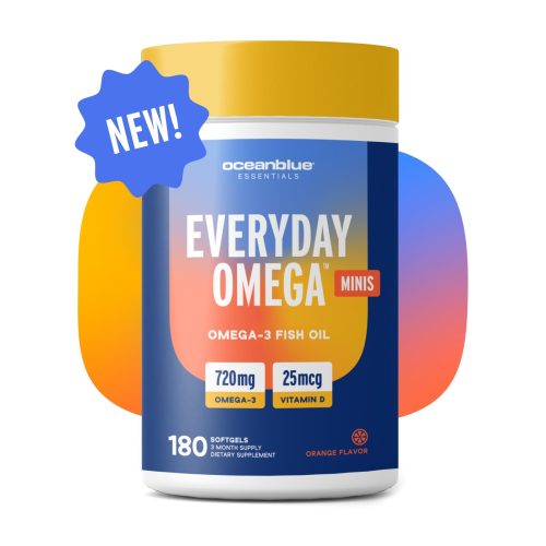 Discover wellness with OceanBlues Everyday Omega Minis, now in a refreshing orange flavor. Each bottle delivers 720mg of Omega-3 fish oil and 25mcg of Vitamin D3. With 180 softgels, its a perfect one-month supply to support a healthier lifestyle.