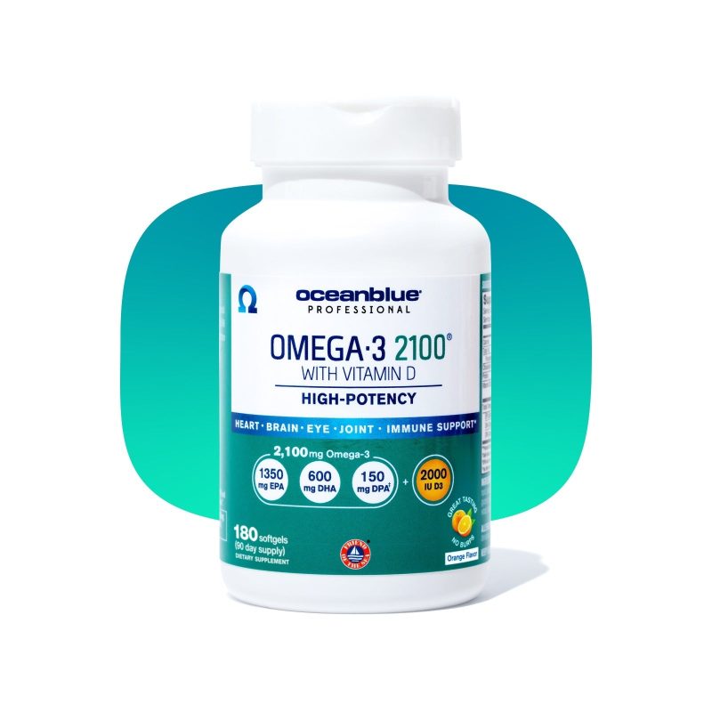 A bottle of OceanBlue, LLC Omega-3 2100 MG with Vitamin D3 contains 180 orange-flavored softgels. It offers high-potency support for heart, brain, eyes, joints, and the immune system with 2,100 mg of Omega-3.